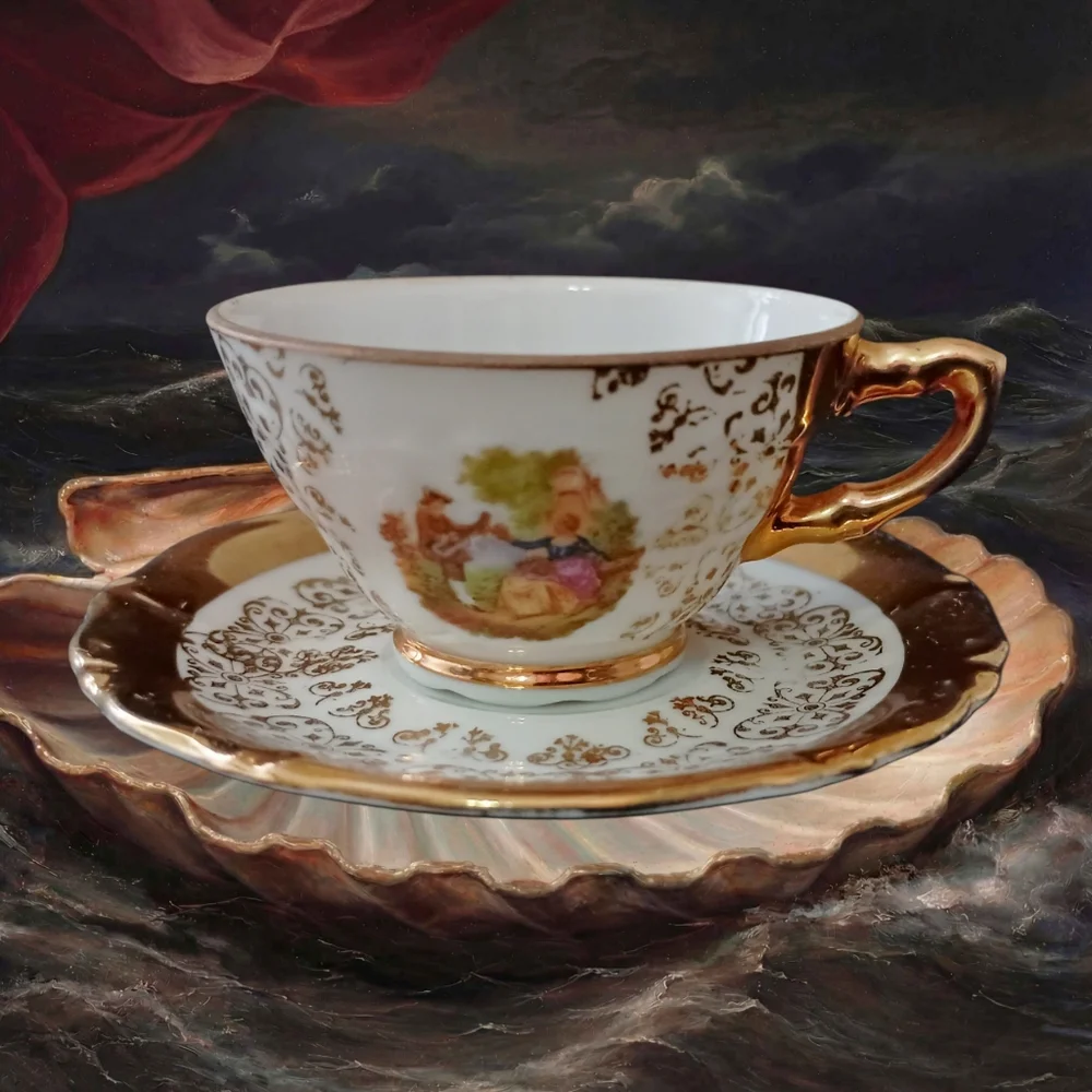 Vtg Jollis Salvream Tea Cup Saucer Gold Trim Porcelain Fragonard Courting Couple
